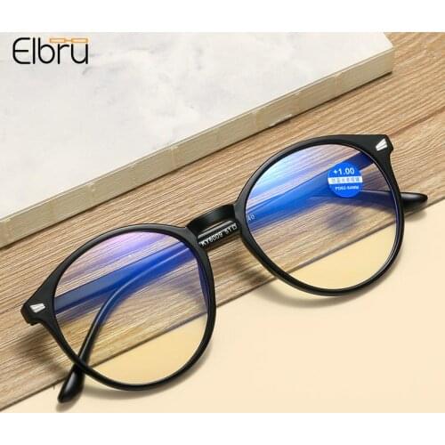 Elbru Diopters +1+1.5+2+2.5+3+3.5+4 Women Men Round Reading Glasses Fashion Ultra-light Anti Blue Light Presbyopia Eyeglasses