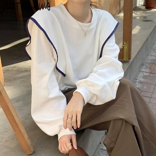 MATAKAWA Drawstring Hem Long Sleeve Tshirt Women Korea Spring Sweet Simple Top Loose Round Neck Contrast Color Woman Tshirts
