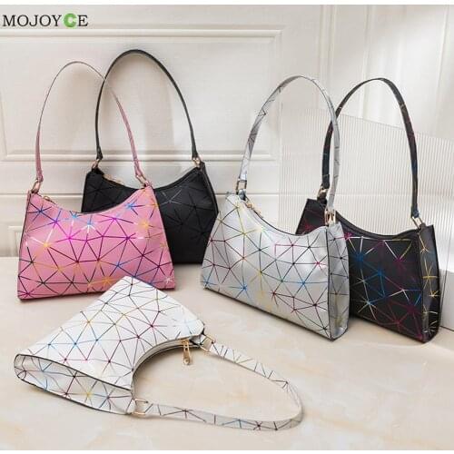 Fashion Women Geometric Lines Laser Shoulder Underarm Bag Casual Ladies PU Leather Small Handbags Purse