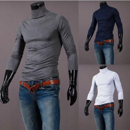 Newest Fashion Men Cotton Turtle Neck Turtleneck Solid Stretch Shirt Tops Render Clothing