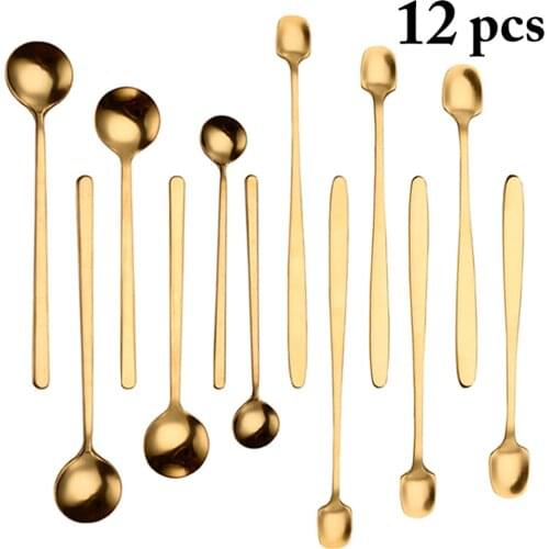 12Pcs Stainless Steel Dinnerware Set Spoon Tea Spoon Dessert Coffee Ice Cream Spoons Bar Tools Long Handle Kitchen Accessories