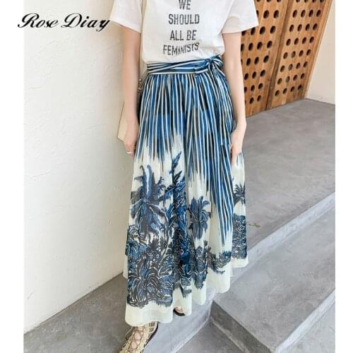 RoseDiary New 2021 Fashion Designer Summer Skirt Women High Waist Floral Stripes Printed Vintage Vogue Midi Skirts Saia Traf