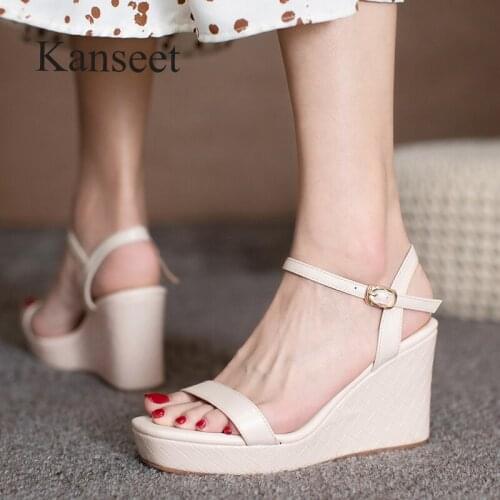 Kanseet 2021 New Womens Shoes Summer Roma Style Genuine Leather Weave Wedges Footwear Handmade Platform 10cm High Heels Shoes