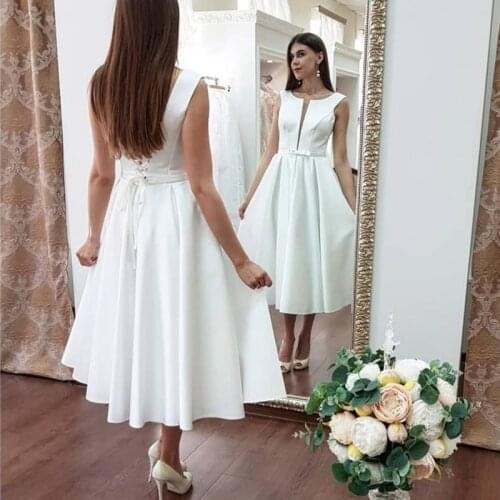 Latest On Sale Mid Calf Length Bridal Wedding Dresses Short Jewel Neck Lace Up Back Wedding Gowns for Bride Bow Belt 2021