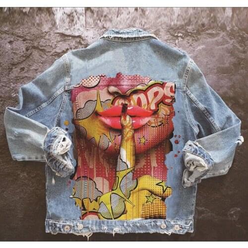 Autumn European and American Style New Ladies Finger Print Jacket Fashion Casual Loose Hole Long-sleeved Womens Denim Coat WP48