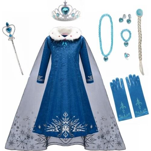 Long Sleeve Elsa Dress Girls Party Vestidos Cosplay Girl Clothing Snow Queen Print Birthday Princess Dress Kids Costume