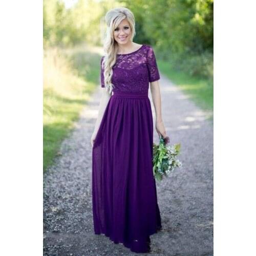 Country Bridesmaid Dresses Hot Long For Weddings Navy Blue Purple Chiffon Short Sleeves Lace Beaded Floor Length Maid Of Honor