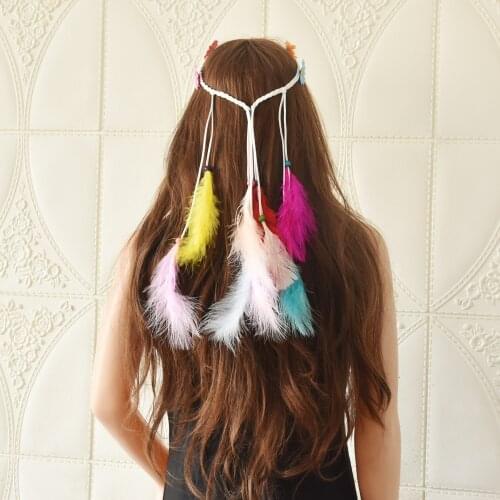 Bohemian Hippie Indian Colorful Feather Shape Headbands for Women Boho Weave Feathers Hair Rope Headdress Gypsy Tribal Jewelry