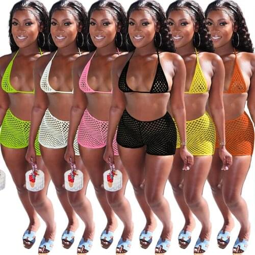 ZKYZWX Sexy Sheer 3 Piece Bathing Suit Women Summer Outfits Halter Ctop Top Thong Biker Shorts Beachwear Matching Sets Swimsuit