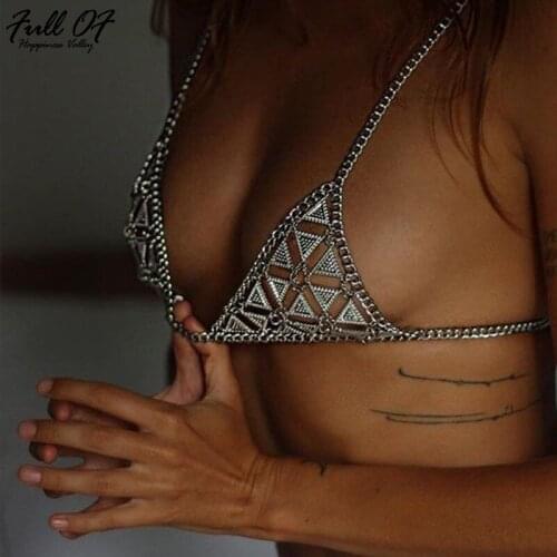 Sexy Women Vintage Short Camis Tank Top Metal Chest chain sexi Sequins Halter Summer Beach vests Hollow Nightclub Party Crop Top