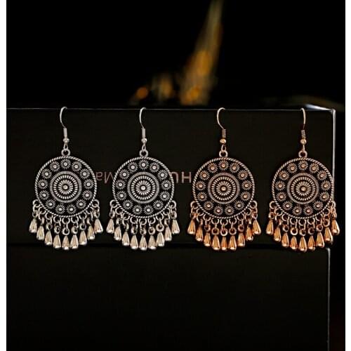 Gold Silver Color Tassel Fashion Ethnic Boho Dangle Statement Earring Round Alloy Wedding Earrings Accessories Wholesale