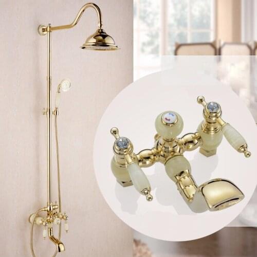 Shower Faucets New Marble Golden Bath Shower Set Brass Wall Mounted 8" Rain Shower & Handshower Faucet Set for Bath