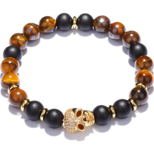 Top Quality Natural Tiger Eye Stone Black Obsidian Skull Bracelet Men Jewelry CZ Skeleton Bracelets For Women Gift dropshipping