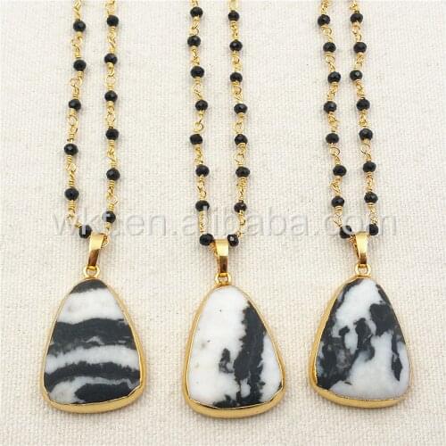 WT-N867 Wholesale natural Zebra stone necklace, gold color resist tarnishable rosary chain stone necklace