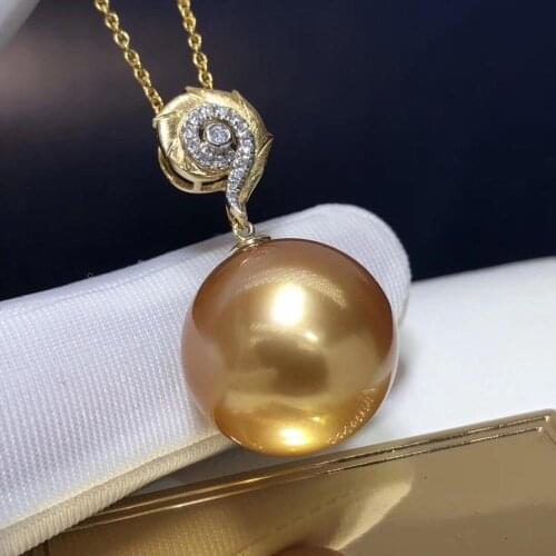 Fine Jewelry 18K Yellow Gold Natural Ocean Golden Pearl 12-13mm Pendant Necklaces for Women FIne Pearls Pendants