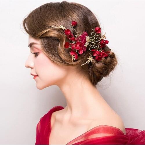 New Bridal Headwear Red Yarn Flowers Handmade Woven Chinese Style Wedding Accessories Hairpin Rhinestone Golden Jewelry