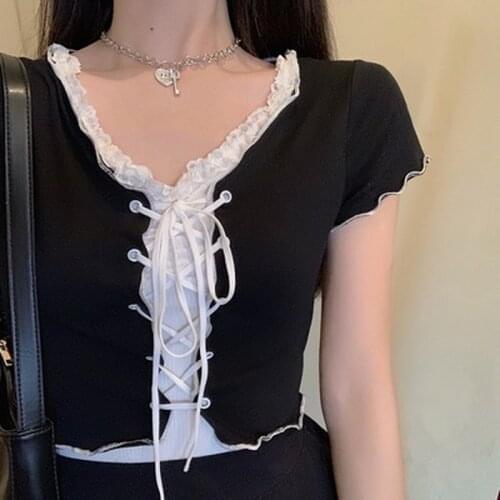 Dark Academia Vintage Gothic Sexy Camis Black Mall Goth Punk Lace Patchwork Women Emo Crop Tops Backless Alternative Tee Bandage