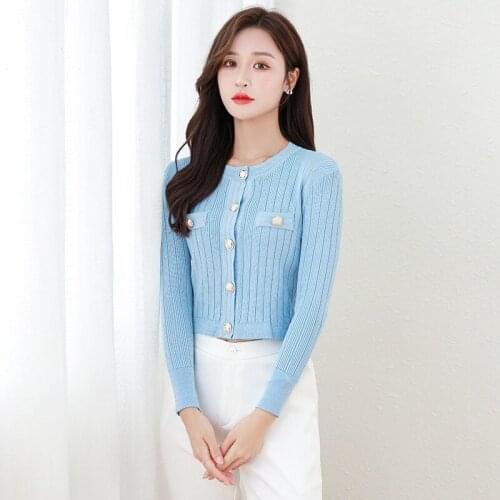 Small fragrance knit sweater womens slim short ladies sweater coat metal buckle cardigan jacket autumn