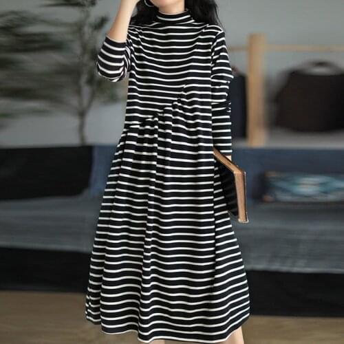 FairyNatural Autumn Spring Female Turtleneck Pullover Dresses 2021 Loose Long Sleeve Ladies Cotton Vintage Striped Dress