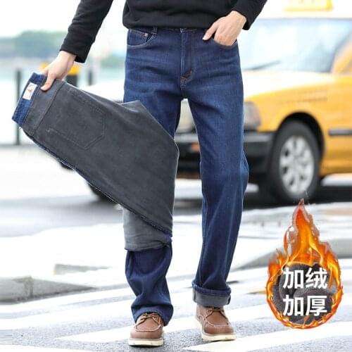 Winter Thicked Jeans Mens Straight Loose Jeans Denim Fleece Denim Blue Leisure Trousers Autumn Man Botton Plus Size 46 48