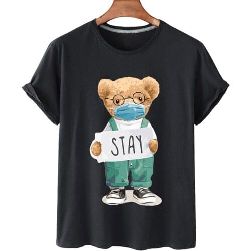 100% Cotton Wear Mask Bear Print Short-sleeved 0-neck Loose T-shirt Women High-quality Plus Size T-shirt Men And Women S-3XL
