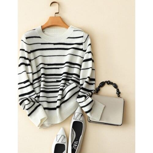 100% cashmere striped sweaters female crew neck long sleeve jumper knitted high quality elegant shoulder buttons winter pullover