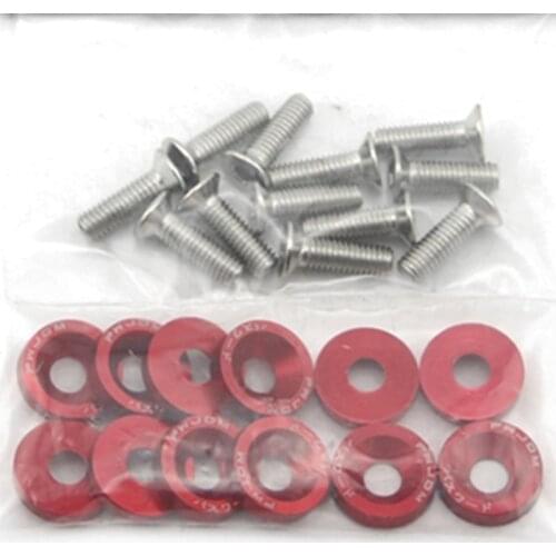 10pcs Red Aluminum JDM Fender Washers and M6 Bolt Car Modified Hex Fasteners Fender Washer Bumper Engine Concave Screws