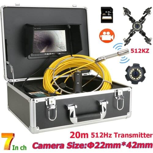 7" DVR 512hz Transmitter Built-in Camera Pipe Sewer Drain Inspection System Kit with 12PCS LED Lights 8GB SD Card 20/30/40/50M