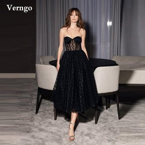 Verngo Black Polka Dotted Tulle Evening Dress Short 2021 Prom Gowns Sweetheart Midi Tea Length Formal Party Dresses Plus Size
