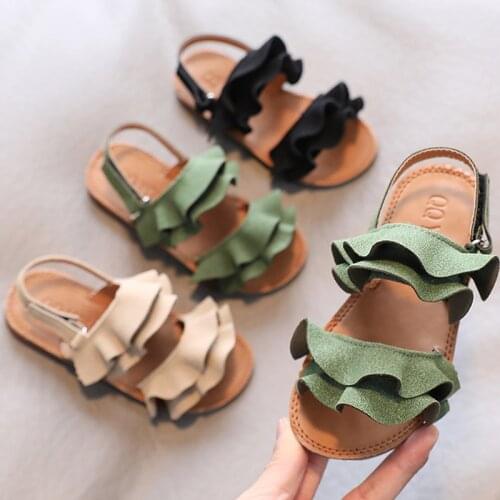 2021 Summer New Style Girls Sandals Ruffles Princess Shoes Baby Children Dress Lace Beach Shoes Kids Slip on Back Buckle Sandal