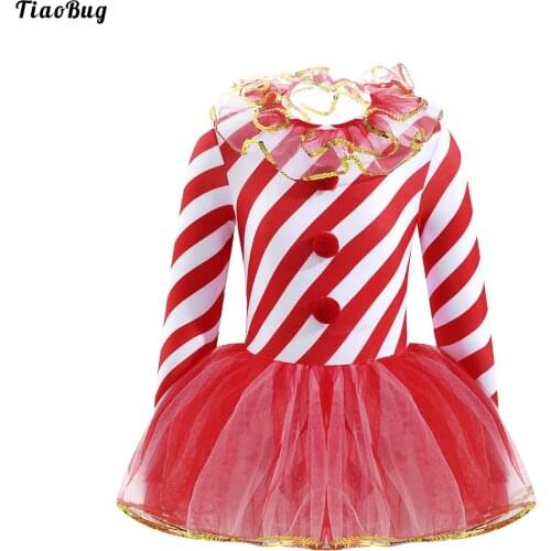TiaoBug Kids Girls Christmas Costume Halter Neck Long Sleeves Open Upper Back Stripes Print Pompoms Sequins Mesh Jumpsuit Dress