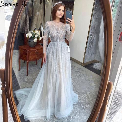 Dubai Silver Grey Long Sleeves Evening Dresses 2021 Luxury A-Line Sexy Fromal Dress Design Serene Hill LA60869