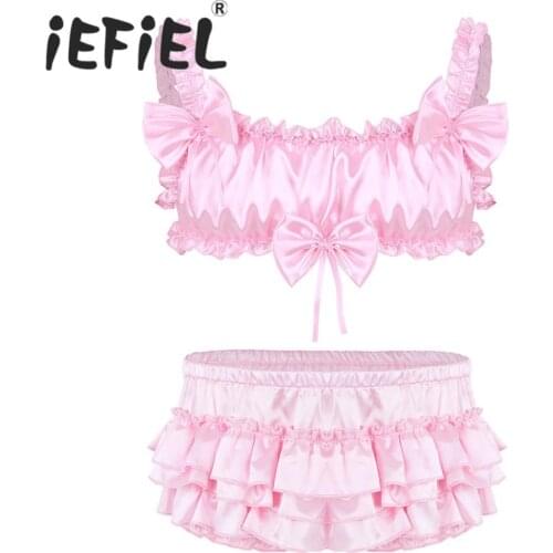 Men Sissy Satin Lingerie Set Sexy Costumes Ruffled Frilly Elastic Bowknot Wire-free Bra Crop Top Bloomer Tiered Skirted Panties