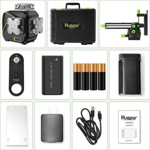 Huepar 3D LCD Display Cross Line Laser Level 12 Lines Green Beam Bluetooth & Remote Control Functions S03CG With Hard Carry Case