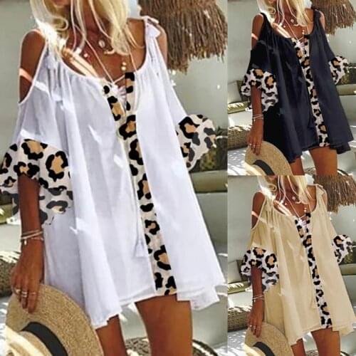 Off Shoulder Summer Dresses O-Neck Short Sleeve Ladies Mini Dress Casual Leopard Print Holiday Loose Dress
