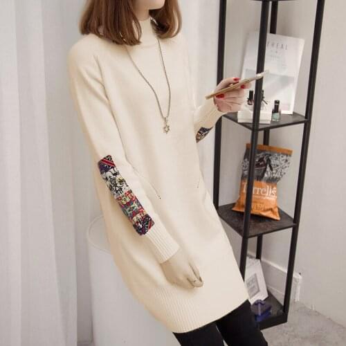 Fashion Patch printing Long Sweaters Women 2021 Autumn Korean Half-high collar Knitwear Female Pullover Warm Knitting Sweaters