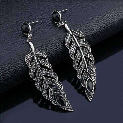 Fashion Earring For Women Ancient Silver Color Alloy Feather Large Long Earrings Black Beads Pendant boucle d'oreille