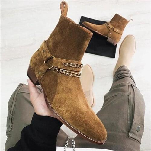 2021 Fashion Hot Men Shoes PU Leather Boots Metal Chain Round Head Soft Outdoor Warm Casual Boots Men Comfortable Botas Hombre