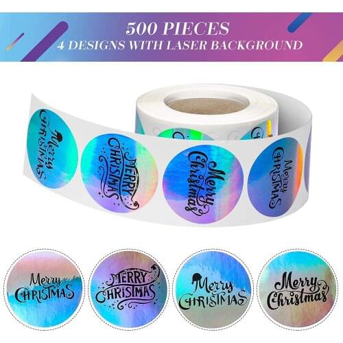 500pcs Rainbow Laser Merry Christmas Stickers 3.8cm Adhesive Labels for Gift Bag Sealing Label Party Boutiques Wrapping Supplies