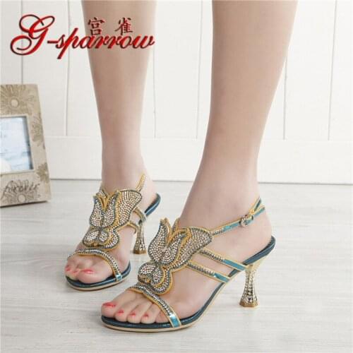 G-sparrow 2019 New Bow Rhinestones Korean Womens Blue Stiletto High Heels Shoes Sandals