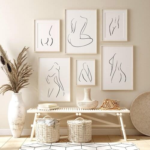 Nude Female Body Line Drawing Art Canvas Painting Black White Picture Minimalist Art Poster Woman Figure Prints Home Wall Decor