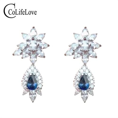 Dazzling silver sapphire drop earrings for party VS grade natural sapphire drop earrings solid 925 silver sapphire jewelry