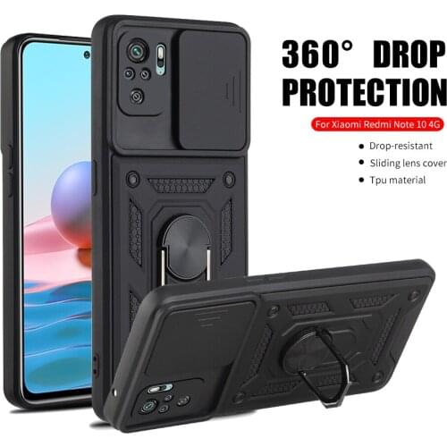 Shockproof Stand Ring Case For Xiaomi Redmi Note 10 4G Push Pull Camera Protection Phone Cover Coque For Readmi Note10 10S 6.43"