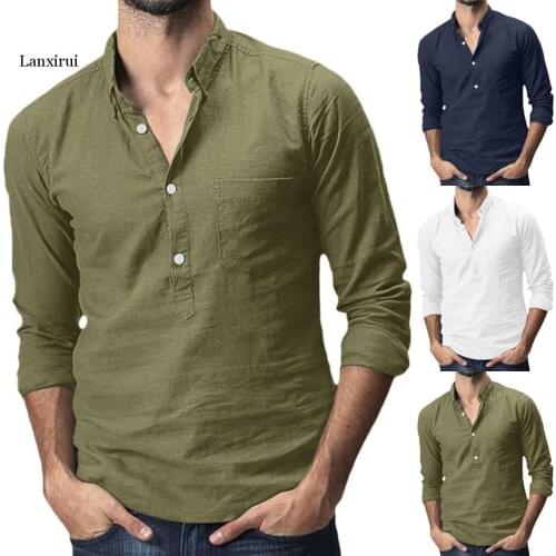 Summer Mens Baggy Cotton Linen Solid Multi-Pocket Short Sleeve Turn-down Collar Shirts hawaiian shirt camisa masculina