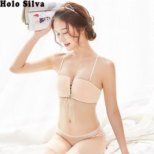 Sexy Lace Beauty Back Bra Set 1/2 Cup Dress Wedding Backless Bra Set No Rims Gathered Adjustable Underwear Set Invisible Fly Bra