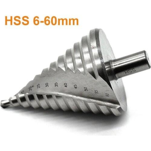 Step Drill Bit, High Speed Steel Spiral Groove Step Drill Bit, 6-60mm, 13mm Shank, 12 Step Sizes for Steel Iron Hole Drilling