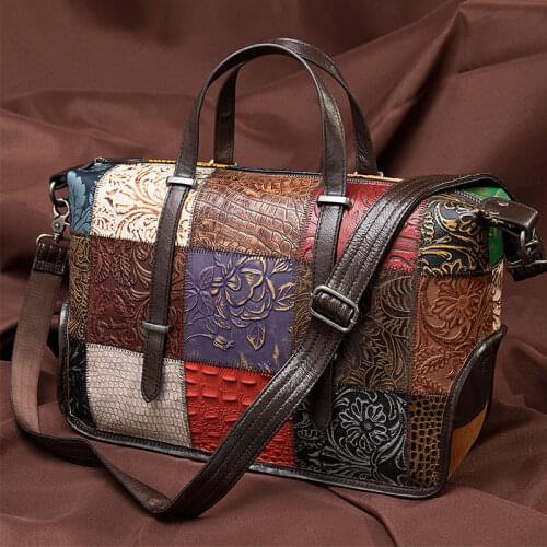Hot Fashion Women Genuine Leather Handbag Female Designer Patchwork Shoulder Bag Womens Leather Briefcase Tote Lady Cowhide Bag