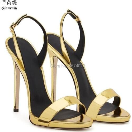 Qianruiti Celebrity Party Sandals Mirrored Gold Patent Leather Sandals Peep Toe Back Strap High Heels Red Black Beige Sandalias