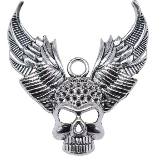 WYSIWYG 1pcs 34x50mm Skull Angel Wing Charm Pendants Antique Silver Color Tone Big Wings Skull Charm Pendant
