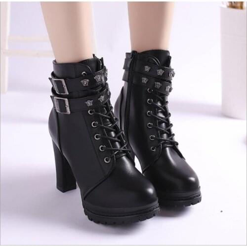 Womens Lace Up High heels Woman Metal rivet Female Footwear Ladies Shoes Women Platform Motorcycle Ankle Boots Large size